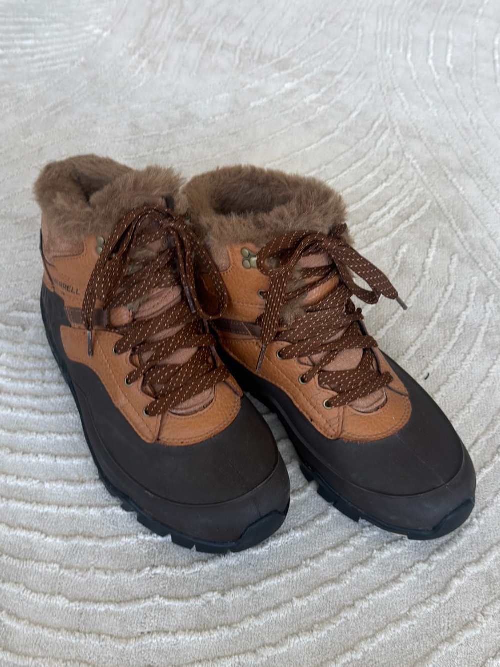 Merrell Brown and Dark Brown Lace-Up Fur-Collar Hiking Boots